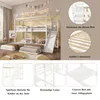 A children's bunk bed with a slide and ladder, shown in a bedroom setting with decorative elements. The image also includes close-up shots of specific features. Produktbild-Vorschau