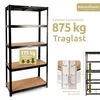 A black metal shelving unit with brown shelves, displayed with marketing text and diagrams. Produktbild-Vorschau