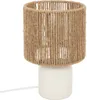 A close-up studio shot of a table lamp with a white base and a woven jute lampshade. Produktbild-Vorschau