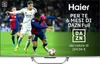 A television screen displaying a soccer match with promotional text overlay. Voir les images du produit