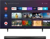 A television screen displaying a smart TV interface with various apps and content previews, placed above a soundbar. Produktbild-Vorschau