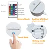 Collage of images showing the features and modes of operation of a 3D LED night light, including remote control, touch control, USB port, and battery compartment. Produktbild-Vorschau