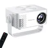 A white mini projector with a remote control on a white background. Produktbild-Vorschau
