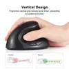 A hand holding a vertical ergonomic mouse, with diagrams illustrating wrist strain. Produktbild-Vorschau