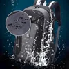 A backpack is shown with water splashing around it, and a close-up inset highlights water droplets on the fabric. Produktbild-Vorschau