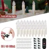 A collage of images showing LED Christmas tree candles, clips, and a remote control, with a festive background of snow and trees. Produktbild-Vorschau