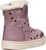 A single pink boot with heart cutouts and white fur trim, shown from the side. Produktbild-Vorschau