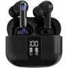 A pair of black wireless earbuds and their charging case are shown against a white background. The charging case has a digital display showing battery levels and '100'. Produktbild-Vorschau