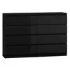 A black, high-gloss dresser with eight drawers against a white background.