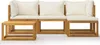 A wooden outdoor lounge set with white cushions and a matching coffee table, presented on a white background. Náhľad obrázku produktu