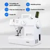 A white sewing machine is shown on a light gray surface with marketing text and icons surrounding it. Produktbild-Vorschau