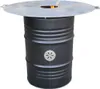 A black barrel-shaped grill with a large circular metal plate on top, featuring a central opening with flames visible. Produktbild-Vorschau