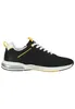 A side view of a black sneaker with yellow and white accents. Voir les images du produit