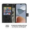 A black wallet-style phone case is open, showing card slots and a phone screen. Produktbild-Vorschau