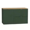 A green cabinet with a wooden top and gold handles against a white background. Podgląd zdjęcia produktu