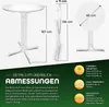Diagrams and text detailing the dimensions and features of a white folding bistro table. Anteprima dell’immagine prodotto