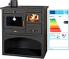 A black wood-burning stove with an oven and a metal plate, shown next to an energy efficiency label. Anteprima dell’immagine prodotto
