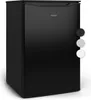 A black Bomann mini-refrigerator is shown against a white background. Three circular color swatches (black, gray, and white) are displayed to the right of the refrigerator, indicating available color options. Produktbild-Vorschau