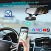 A person's hand holding a smartphone inside a car, with a dashcam mounted on the windshield and various app icons and store logos displayed. Produktbild-Vorschau