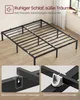 A metal bed frame is shown in a room with wooden flooring and a window in the background. Close-up insets highlight the frame's construction. Produktbild-Vorschau