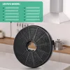 A circular charcoal filter for a kitchen hood is shown in the foreground, with a kitchen background. A green overlay lists compatible Levivo model numbers. Produktbild-Vorschau