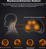 A diagram illustrating the benefits of a neck massager, showing a human silhouette with focus on the neck and spine, alongside an image of the massager itself and icons representing different types of pain relief. Anteprima dell’immagine prodotto