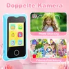 A marketing image showcasing a child's toy smartphone with various features and applications, alongside lifestyle shots of children using the device. Produktbild-Vorschau