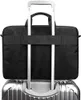 A black laptop bag is attached to the handle of a silver rolling suitcase. Produktbild-Vorschau