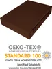 A brown fitted sheet is shown from a diagonal angle against a white background, with OEKO-TEX certification details below. Produktbild-Vorschau