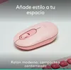 A pink Logitech POP mouse is shown on a light gray and white surface, with text overlays. Náhľad obrázku produktu