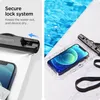 A split image showing a waterproof phone case with a secure lock system on the left, and a smartphone inside a waterproof case submerged in water on the right. Náhľad obrázku produktu