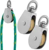 Two metal pulleys with a rope threaded through one of them, set against a white background. Produktbild-Vorschau