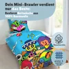 A bed with a duvet cover and pillowcase featuring cartoon characters from Brawl Stars, set against a light blue background with text overlays. Produktbild-Vorschau