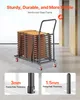 A cart loaded with folded chairs, with text overlays highlighting product features. Produktbild-Vorschau