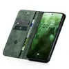 A green flip-style phone case is shown open, revealing credit cards and a banknote inserted into the case's slots. The phone is displayed with its screen on, showing the time and date. Produktbild-Vorschau