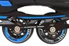A close-up view of the wheels and frame of a pair of inline skates. Voir les images du produit