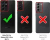 Three Samsung phones are shown side-by-side, with red outlines highlighting the camera modules. A green checkmark is on the left, and red 'X' marks are on the middle and right phones. Text below indicates compatibility. Produktbild-Vorschau