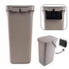 A collage of images showing a brown plastic trash can with a lid and handle, and close-ups of its mounting mechanism. Podgląd zdjęcia produktu