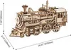 A 3D wooden mechanical steam locomotive model with dimensions indicated. Náhľad obrázku produktu
