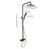 A black and gold shower system with dimensions indicated by text overlays. Podgląd zdjęcia produktu