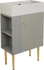 A light gray vanity cabinet with two open shelves on the left, a fluted door with a gold knob on the right, and gold legs. Podgląd zdjęcia produktu