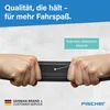 Two hands stretching a black rubber object, with text overlays highlighting quality and material. Produktbild-Vorschau