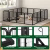 A black metal dog playpen set up indoors with two corgis inside. The bottom of the image contains close-up shots of the playpen's features. Podgląd zdjęcia produktu