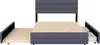 A grey upholstered bed frame with a slatted wooden base is shown from the front. The bed has a pull-out trundle bed on the left and two drawers on the right, both extended. Produktbild-Vorschau
