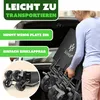 A person is loading a foldable trolley into the trunk of a car. There are text overlays highlighting product features. Produktbild-Vorschau