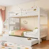 A white bunk bed with a pull-out trundle bed, decorated with children's items and a banner. Voir les images du produit