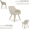 A collage of images showcasing a beige upholstered chair with gold legs, accompanied by descriptive text highlighting its comfort and design. Náhled obrázku produktu
