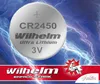 A close-up of a CR2450 lithium battery with brand name and specifications, set against a background of blue lightning. Produktbild-Vorschau