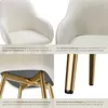 A collage of four images showing details of a white upholstered chair with gold legs. Produktbild-Vorschau
