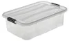 A clear plastic storage box with black latches is shown from a slightly elevated side angle on a white background. Produktbild-Vorschau